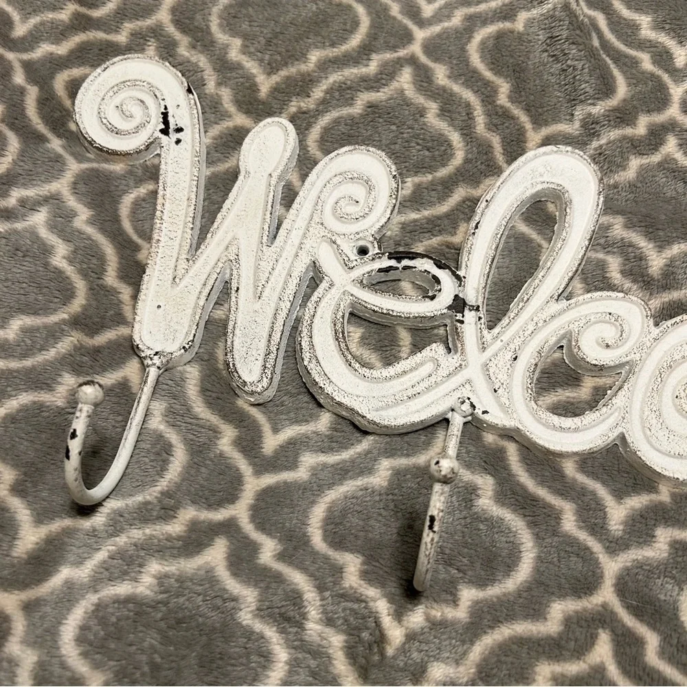 Beautiful Country-Chic Painted Metal Welcome Wall Decor With Coat Hooks.